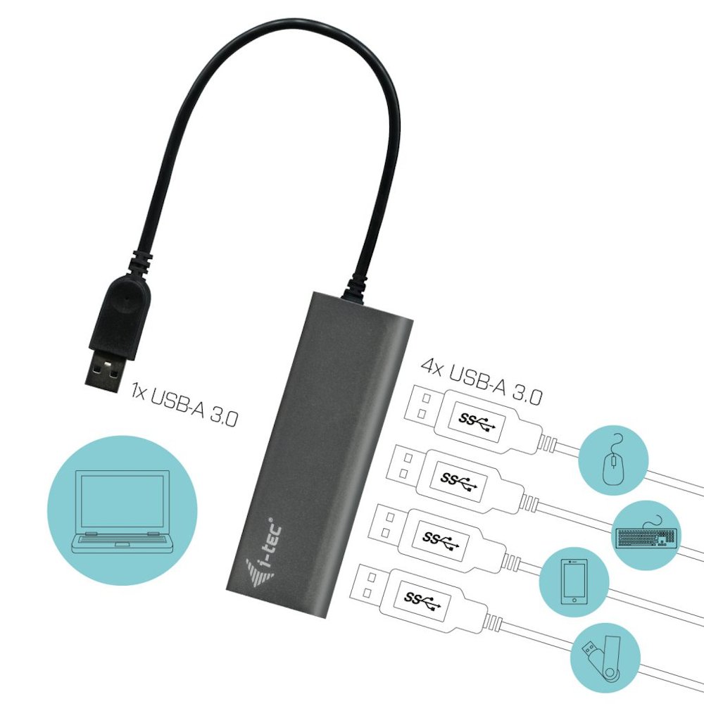 i-tec USB HUB METAL/ 4 porty/ USB 3.0/ napájecí adaptér/ U3HUB448